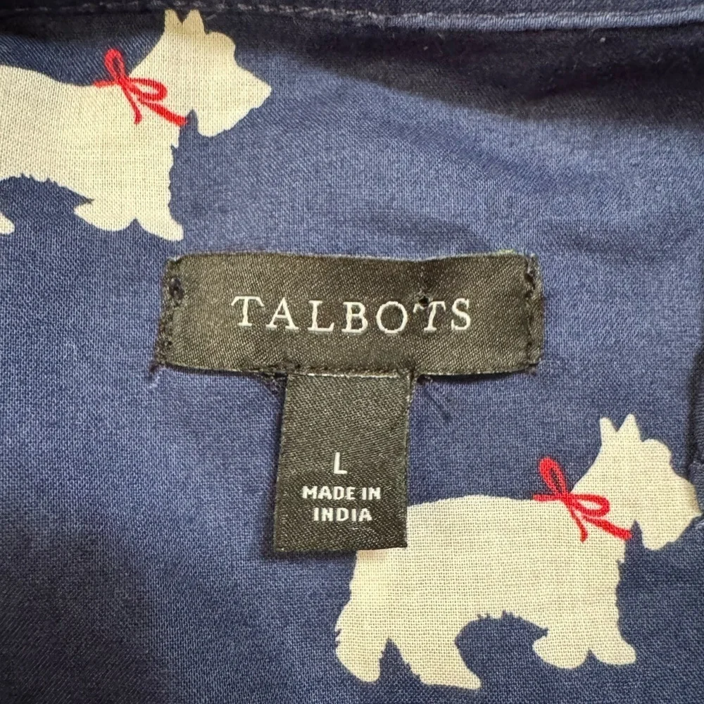 Talbots Scotty Dog Novelty Print Navy Peasant Top Size Large Sequin Detail - Picture 6 of 11